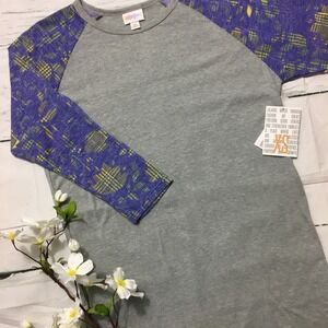 LuLaRoe Randy Baseball Tee Gray Raglan Heather Print Sleeve NWT XS 3/4 Sleeve